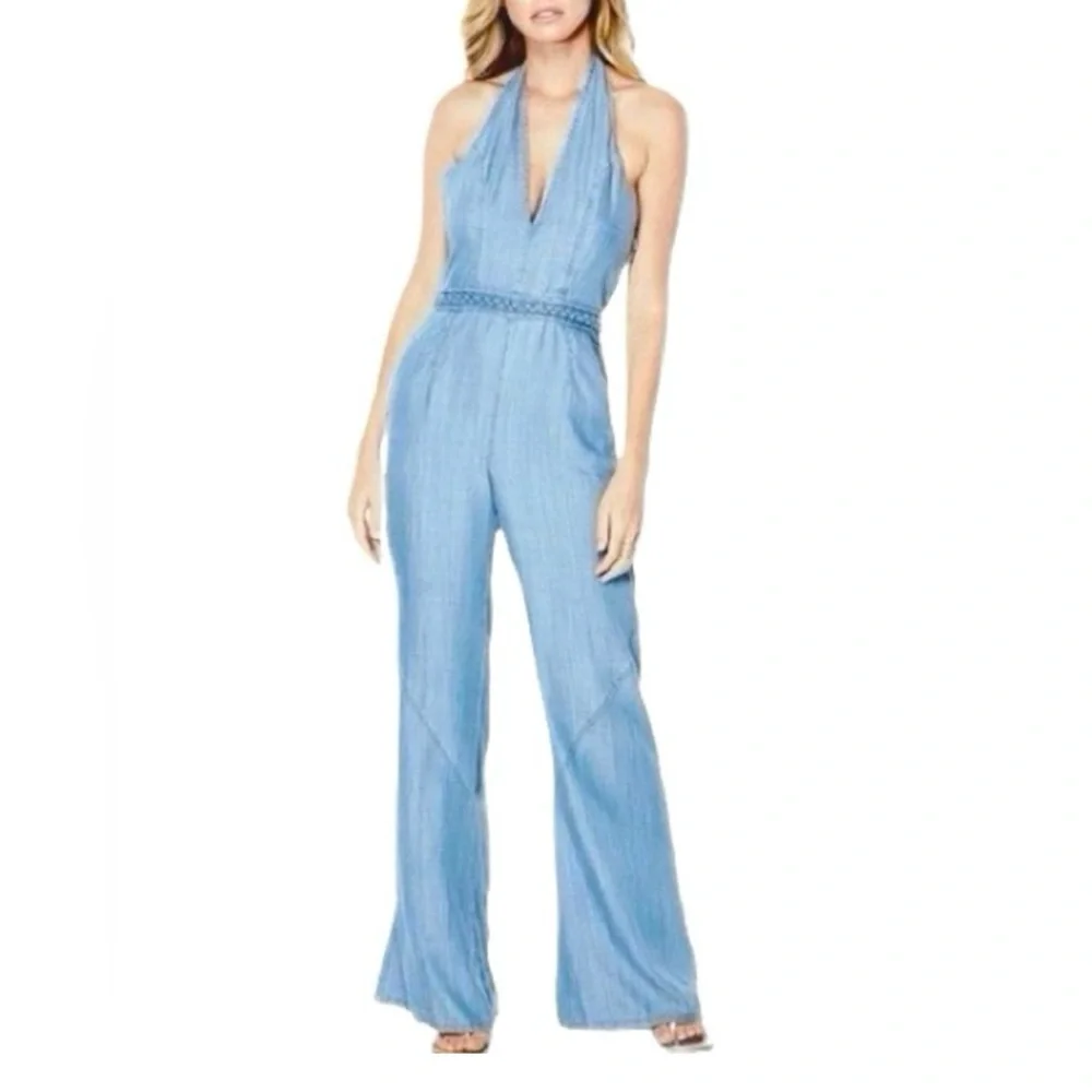 Women’s Guess Wide Leg Denim Halter Jumpsuit - Picture 2 of 16